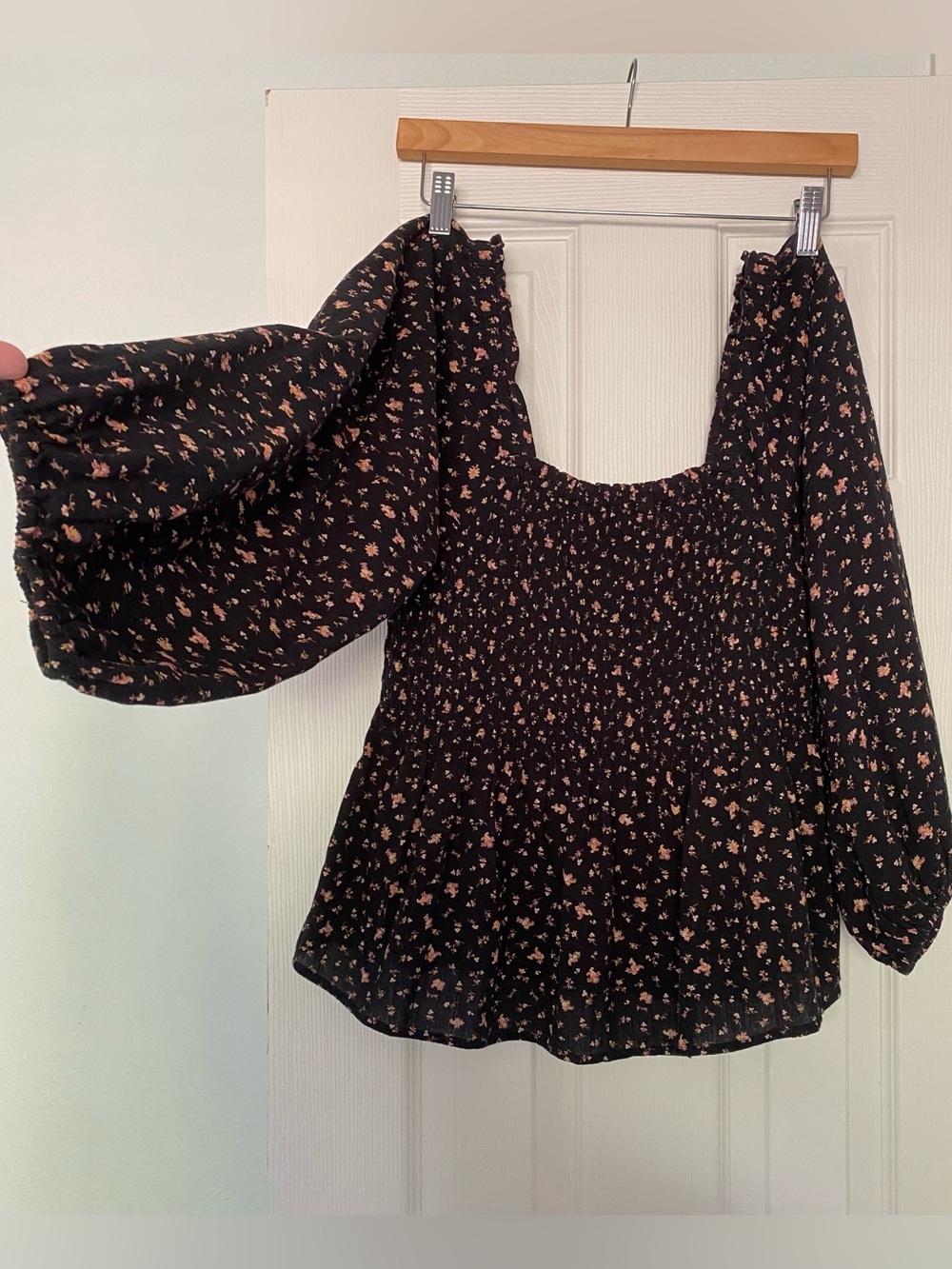 Madewell Black Smocked Floral Peplum Blouse with Pink/Brown Floral